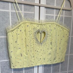 Endless Blu Yellow Rhinestone Heart Cropped Bustier Top Size L Y2k Top
